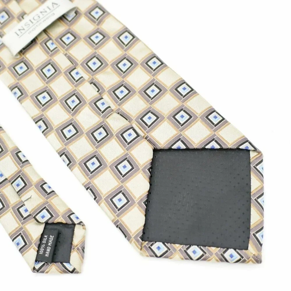Martin Wong Insignia Woven Geometric‎ Tan Gold Gray Blue Wide Silk Tie